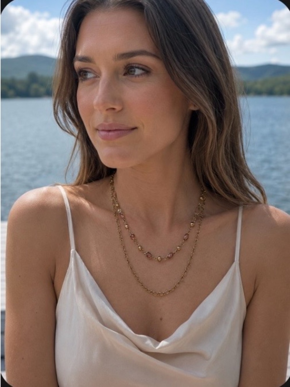 Vintage Layered Gold Chain Necklace Amber Champagne Gemstone Bead Station
